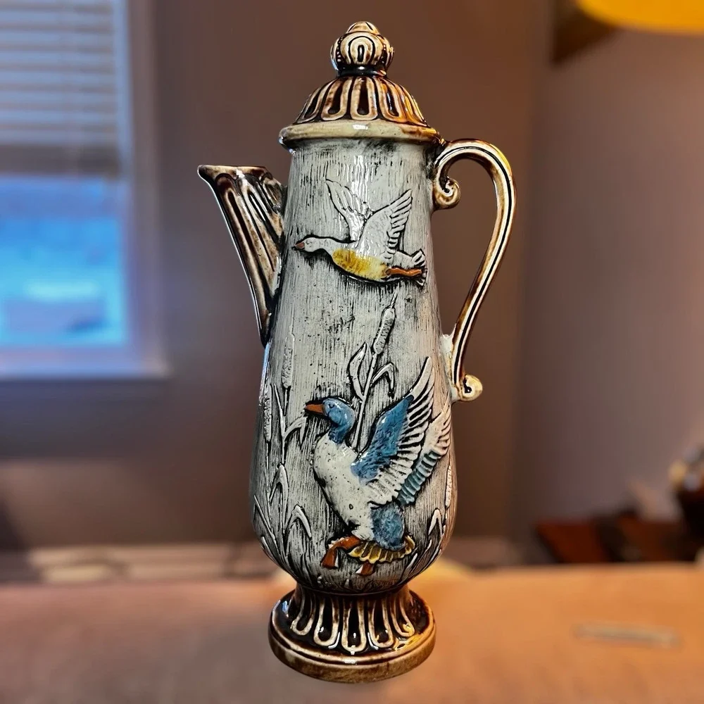Vintage Italian Hand Painted BISCHOFF CHERRY Wine Decanter Ducks at Pond MCM Art